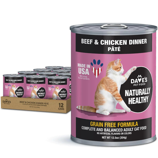 Daves Pet Food Grain Free Wet Cat Food (Beef & Chicken Pate) Made in USA Naturally Healthy Canned Cat Food Added Vitamins & Minerals Wheat & Gluten-Free 12.5 oz Cans (Case of 12)