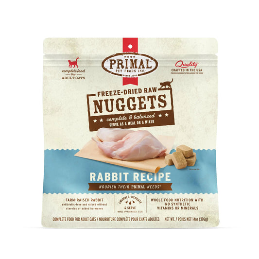 Primal Freeze Dried Raw Cat Food Nuggets Rabbit Complete & Balanced Meal or Topper Premium Healthy Grain Free High Protein Raw Cat Food with Probiotics (14 oz)