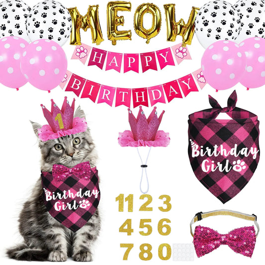 JOTFA Cat Birthday Party Supplies Cat Birthday Outfits Cat Birthday Bandana with Cat Birthday Hat Crown Bow Tie Birthday Number Banner Balloons Meow Balloons for Cat Kitten Birthday Decorations