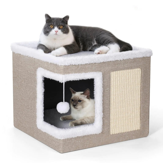 petizer Cat Bed for Indoor Cats Large Covered Cat House with Scratch Pad Foldable Cat Cave Bed & Hideaway Cube with Reversible Cushions Cute Cat Condo for Multi Small Pet Kitten (Khaki)