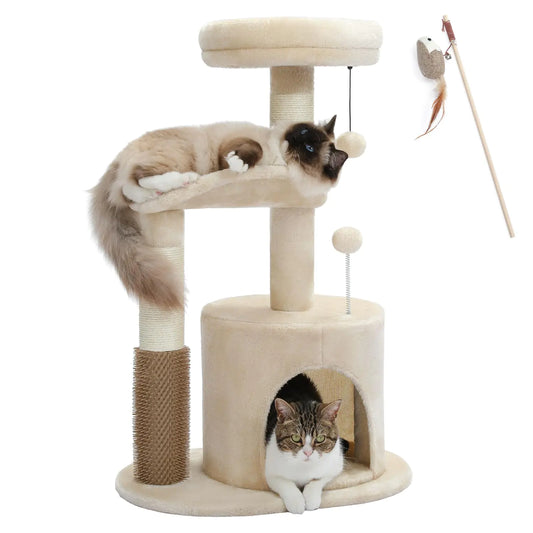 MUTTROS Small Cat Tree for Indoor Cats Medium Cat Tower with Interactive Cat Toy 32.7" Cat Condo with Self Groomer Brush Natural Cat Scratching Post Dangling Balls for Small & Medium Cats Beige