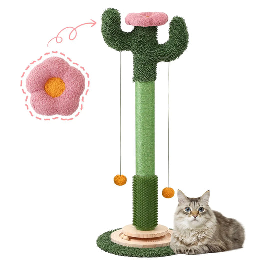 Sheripet 37.8" Tall Cat Scratching Post Cactus Flower Cat Scratch Post with Natural Sisal Rope Ball Track and Self Groomer Brush Cute Cat Scratching Posts for Indoor Cats Adults and Kitten