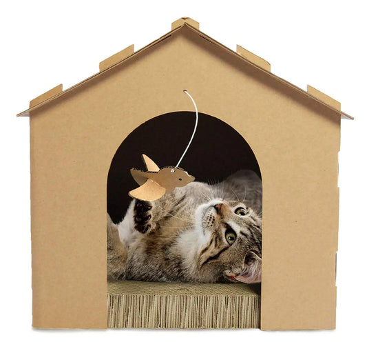 Furhaven Cardboard Cat House Gingerbread House Cat Hideout Scratcher with Detachable Hanging Toys