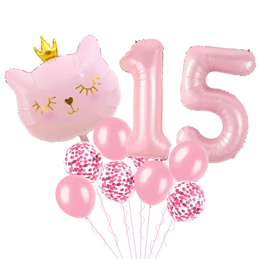 Cat Birthday Decorations Cat Balloons Pink 15 Balloons Number Cat Themed Birthday Party Decorations 15th Birthday Decorations for Girls