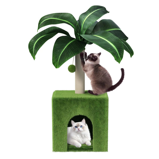 Cat Scratching Post with Condo Palm Cat Tree Tower Natural Sisal Cat Scratcher Cat Bed Cat Furniture for Kittens and Cats