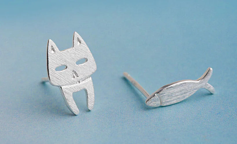 Cat Fish Stud Earrings - Silver Accessories for Cat Lovers