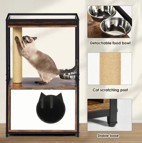Cat Tree With Feeding Station Cat Condo With Scratching Posts, Small Cat Tree For Indoor Cats With Food Station, Furniture Style Cat House, Indoor Multifunctional Cat Furniture,White Vintage
