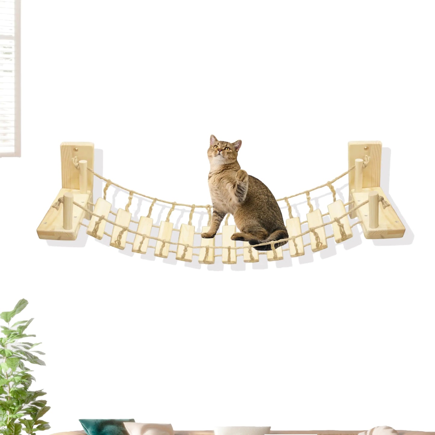 Cat Wall Shelves Climbing Wooden Cat Furniture Cat Shelves and Perches for Wall Cat Bridge Long for Indoor Cats Wall Mounted Playing and Lounging (Length 55in)