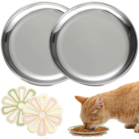 Wallspet Stainless Steel Cat Dishes Shallow Cat Bowls Whisker Fatigue Cat Bowl Cat Food Dishes Cat Plates with Non-Slip Mats Cat Food Water Bowls (6.7 Inch 2 Sets)