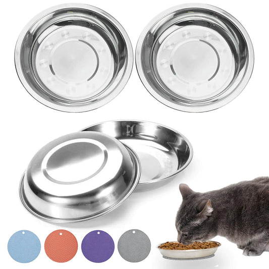 RMNHPTK Stainless Steel Cat Bowls Cat Food Bowls Shallow Wide Cat Bowl Relief Whisker Fatigue Cat Food Water Bowl with Non-Slip Mats for Cat Small Dog Kitten Puppy (6.2 in Thickened)