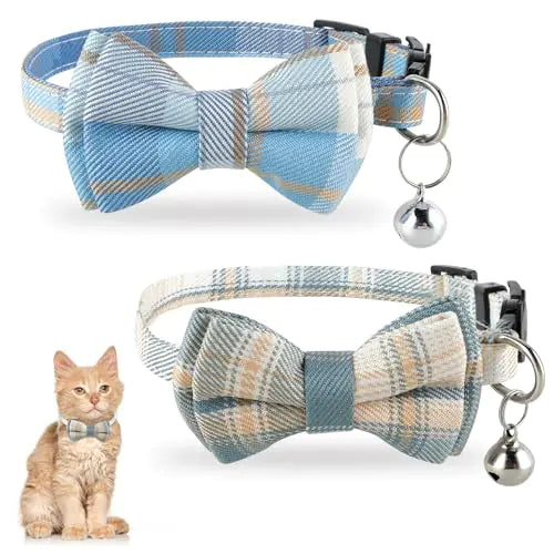 Jeffdad 2Pcs Cat Collar Breakaway Cat Collar with Bells Bowtie Plaid Cat Collar Adjustable for Kitten Puppy and Small Pets (Blue and White Plaid)