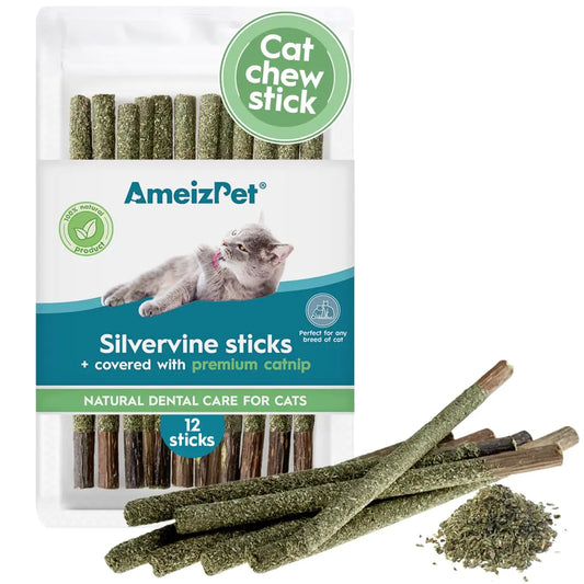 AmeizPet Silvervine Sticks for Cats Chew Sticks Covered with Catnip Dust - Natural Matatabi Cat Dental Care Silvervine Cat Teeth Cleaning Dental Sticks 12 Pcs