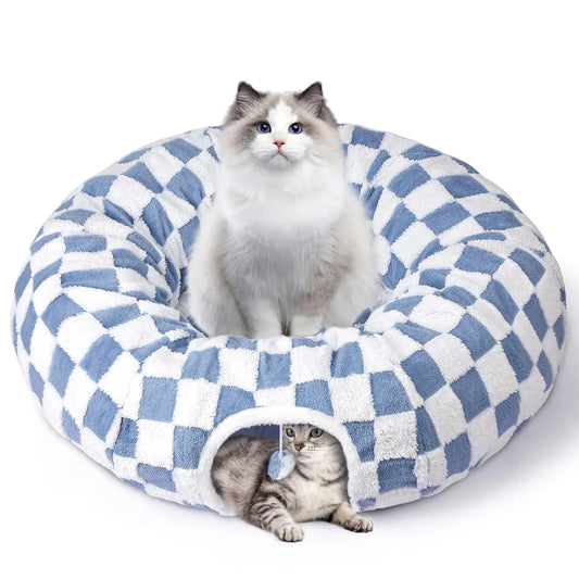 Cat Tunnel Bed Cat Cave for Cats Indoor Maansfy Large Peekaboo Cat Cave Donut Tunnel Interactive Cat Toy Multifunctional Round Pet Play Tunnel Tube for Kitten Medium Large Cat - Blue
