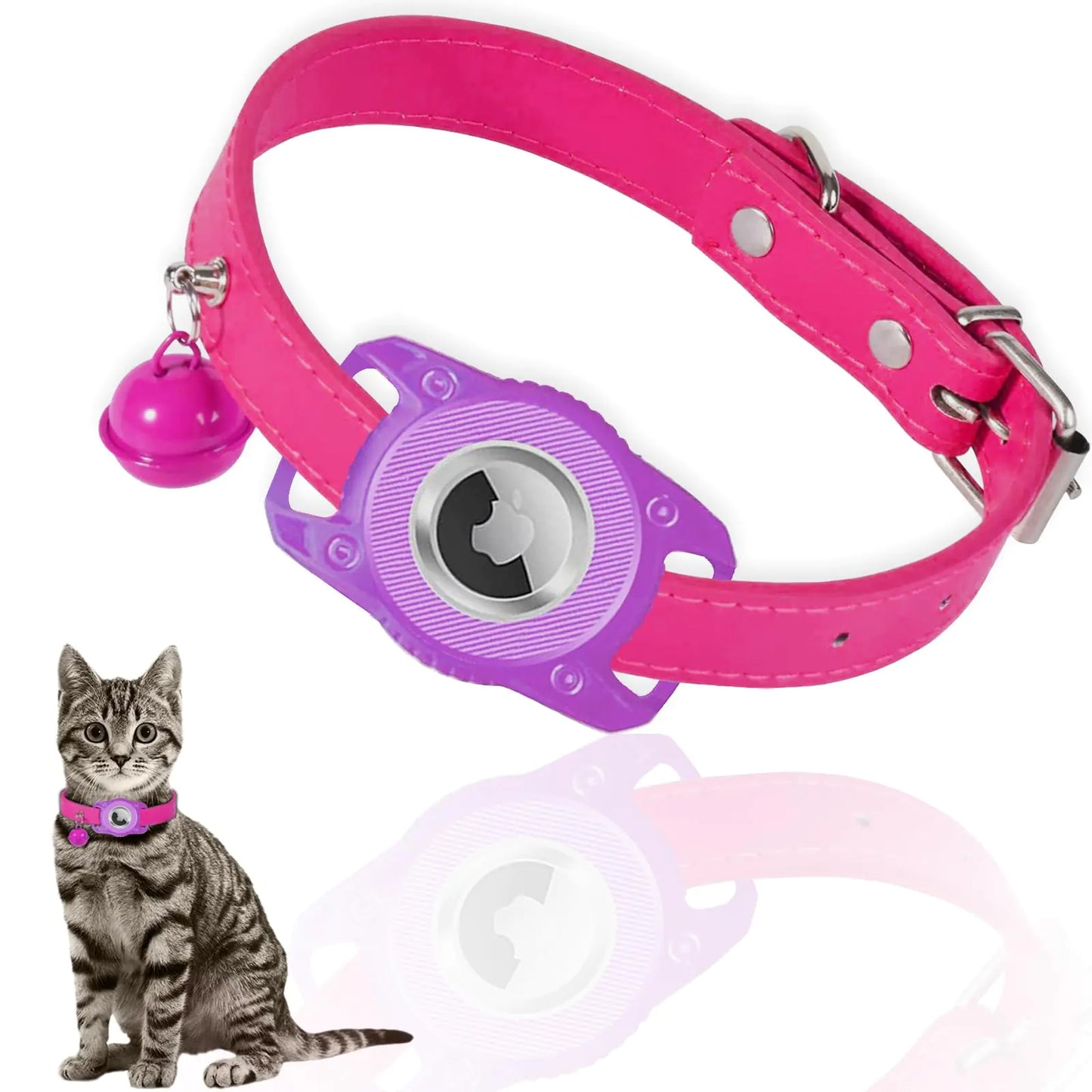 Not Afraid of Water Leather Breakaway Airtag Cat Collar with Bellsfor Apple Air tag cat Tracker Cat Airtag CollarHidden GPS Tracker Holder for Boy Girl Cats Kittens Collar Puppies Collar.(Pink)