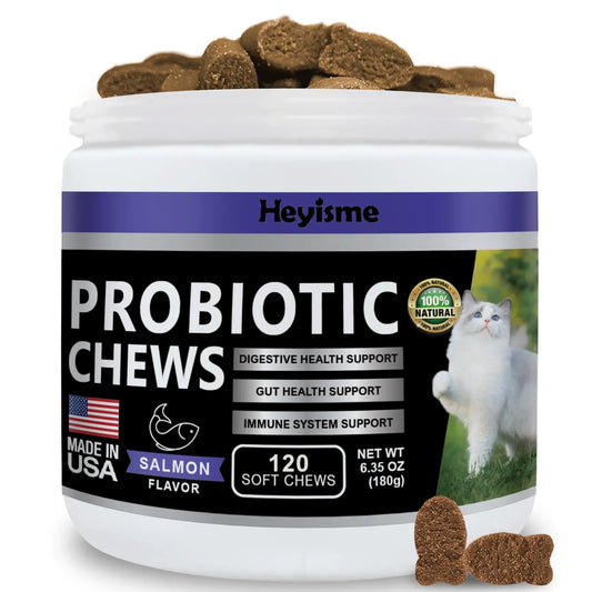 HEYISME Cat Probiotic Chews for Gut and Immune Health Cats Probiotic Supplement for Cat Digestive Support Healthy Digestion Cat Constipation and Diarrhea Relief (120 Pills Salmon)