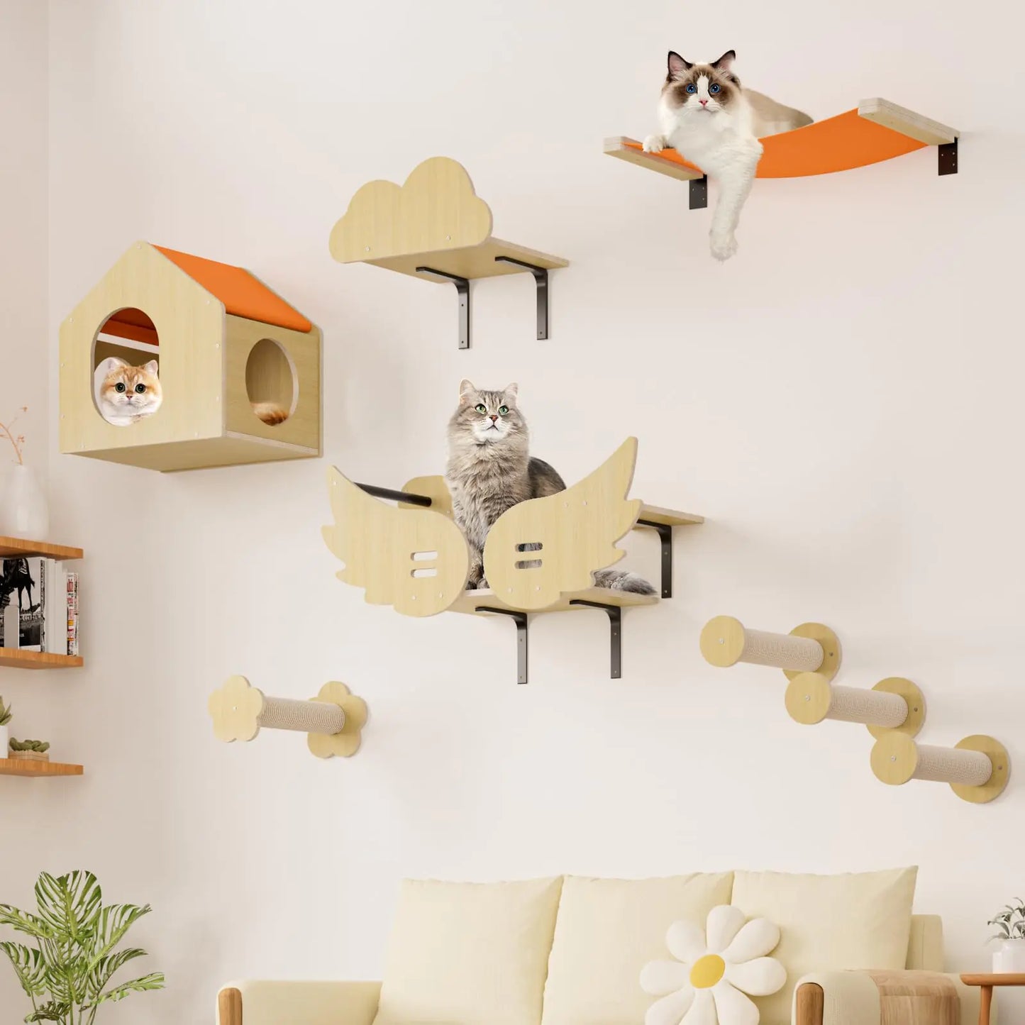 automoris Cat Wall Shelves for Wall Cat Wall Furniture Cat Shelves for Wall 8 Pcs Cat Climbing Wall for Indoor Cat with Cat Stairs House and Bridge with Wing Shape for Cat Wall Orange & Beige