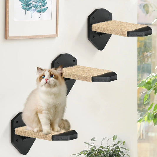 3-Pcs Cat Shelves Wall Mounted Cat Wall Shelves Climbing Steps Cat Shelves and Perches for Wall Cat Wall Furniture with Sisal Rope Cat Climbing Shelves Cat Wall Steps for Indoor Kitty Cats(Black)