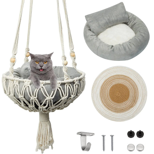 Juexica 3 Pcs Macrame Cat Hammock Including Boho Hanging Cat Bed Cat Scratcher Cat Scratch Pad Cat Swing Hanging Cat Window Perch for Small Cat Small Dog (Cute Style40 x 12 Inch)