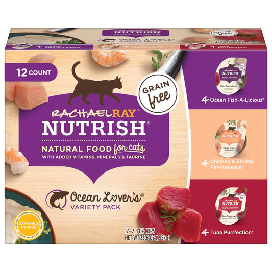Nutrish Rachael Ray Natural Wet Cat Food with Added Vitamins Minerals & Taurine Ocean Lovers Variety Pack 2.8 Ounce Cup (Pack of 12) Grain Free
