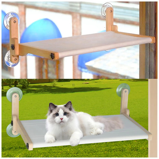 Official Cat Window Perch Cordless Solid Rubberwood Cat Window Hammock with 4 Strong Suction Cups & Soft Pad Cat Window Bed Durable & Foldable Cat Window Shelf Window Seat Heavy Duty for Cats Safe