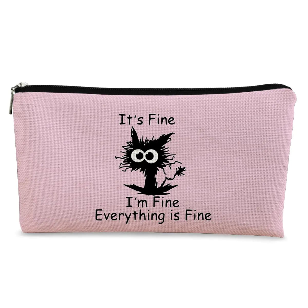 BARPERY Black Cat Makeup bagBlack Cat GiftsIts Fine Im Fine Everything is Fine Funny Cat Cosmetic Bag Pink Bag Zipper Travel Toiletry Bag Best Gift Idea for Cat Lovers Teen GirlsCat Owners Gifts