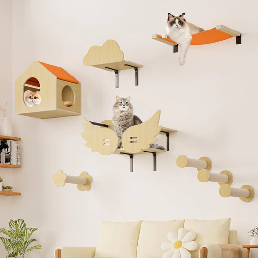 automoris Cat Wall Shelves for Wall Cat Wall Furniture Cat Shelves for Wall 8 Pcs Cat Climbing Wall for Indoor Cat with Cat Stairs House and Bridge with Wing Shape for Cat Wall Orange & Beige