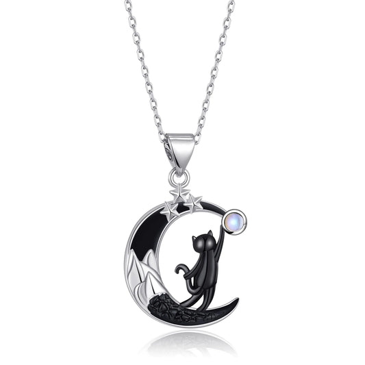 TALYKONG Black Cat Necklace Moon Mountain Moonstone Pendant Gothic Halloween Jewelry Gifts for Women Cat Lovers Christmas (Black Cat Mountain)