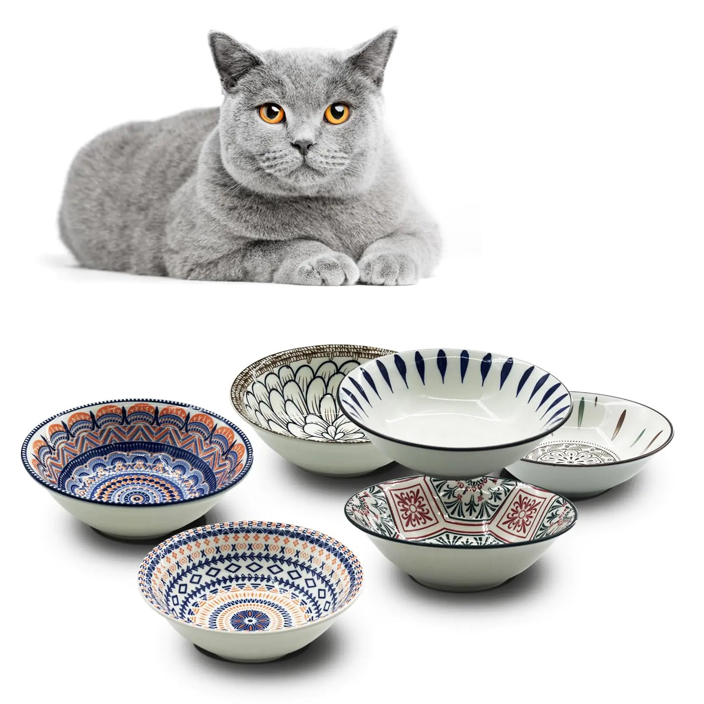 Cat Bowls for Indoor Cats 6.2 Inches Ceramic Cat Food Bowl Whisker Friendly Cat Dishes for BFood and Water Kitten Bowl Set of 6 Colorful Cute Cat Feeding Bowls (D)