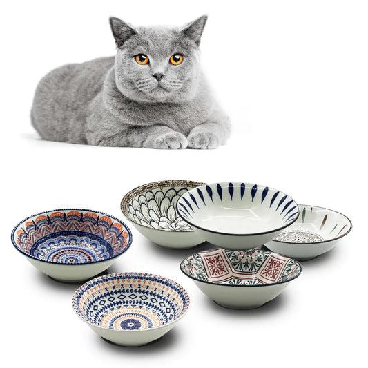 Cat Bowls for Indoor Cats 6.2 Inches Ceramic Cat Food Bowl Whisker Friendly Cat Dishes for BFood and Water Kitten Bowl Set of 6 Colorful Cute Cat Feeding Bowls (D)