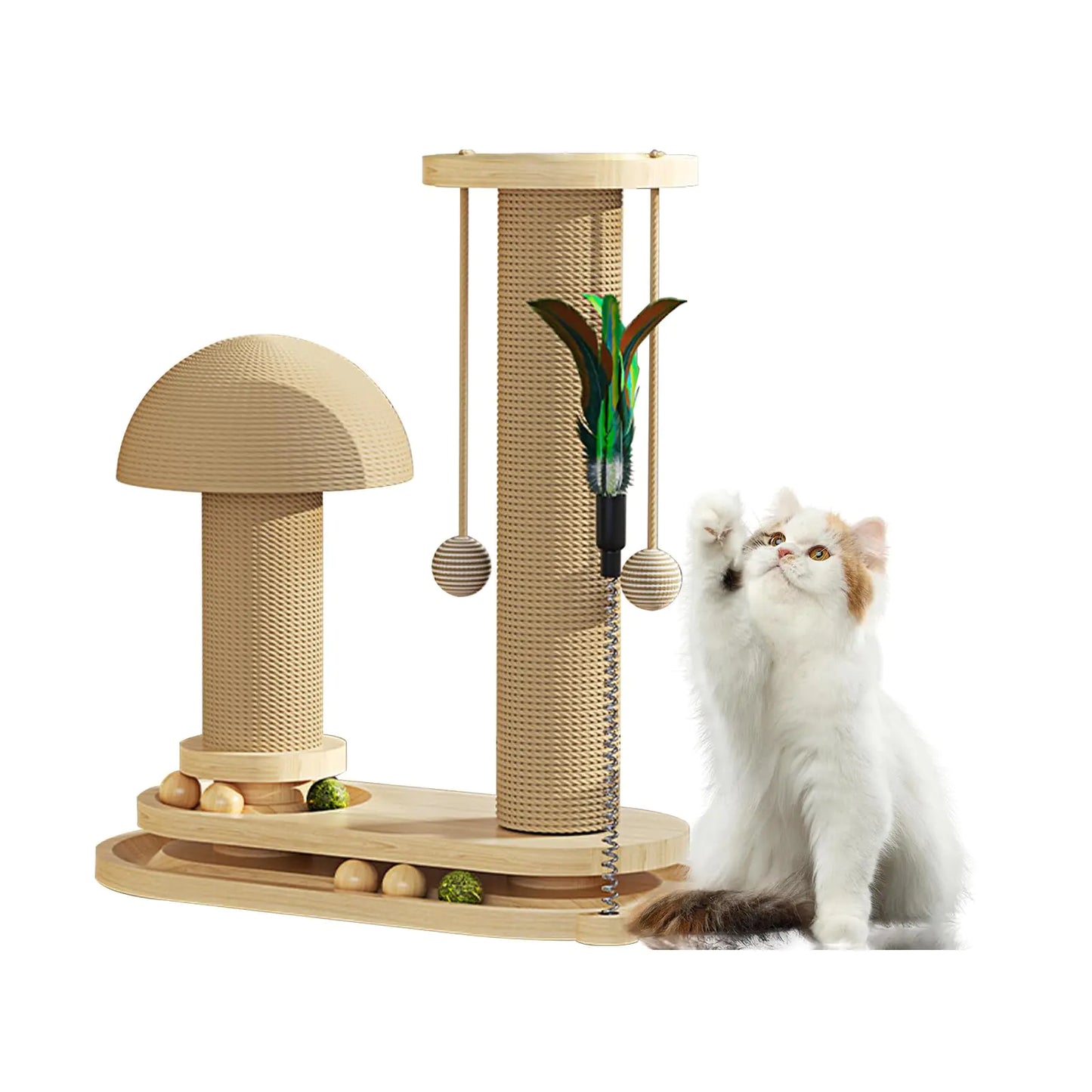 Cat Scratching Post- 4 in 1 Cat Scratch Post Kitten Toys for Indoor Cats Wooden Cat Scratcher with 2 Level Cat Track Ball Interactive Cat Feather Toy Mushroom Cat Scratcher and Sisal Hanging Ball