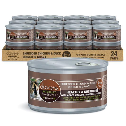 Daves Pet Food Grain Free Wet Cat Food (Shredded Chicken & Duck in Gravy) Naturally Healthy Canned Cat Food Added Vitamins & Minerals Wheat Gluten & GMO-Free 2.8 oz Cans (Case of 24)