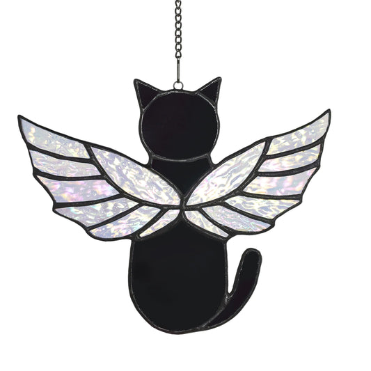 Velasyart Angel Rainbow Wing Cat Memorial Gifts Stained Glass Cat Decor for Window Hangings Orange Black Cat Suncatcher Loss of Cat Sympathy Gift (Black)