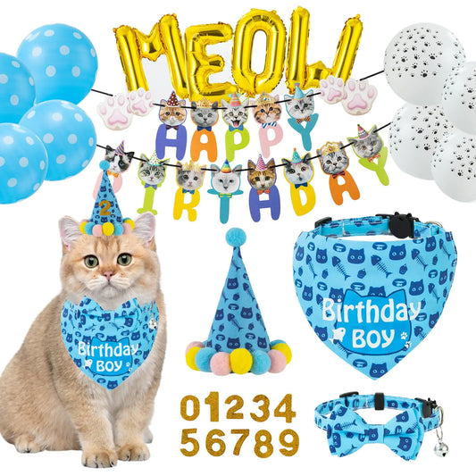 TCBOYING Cat Birthday Party Supplies  Cat Birthday Collar Bandana Boy Girl Bow Tie Hat Outfit Banner Number Meow Balloon with Cat Kitten Birthday Decorations (Blue)