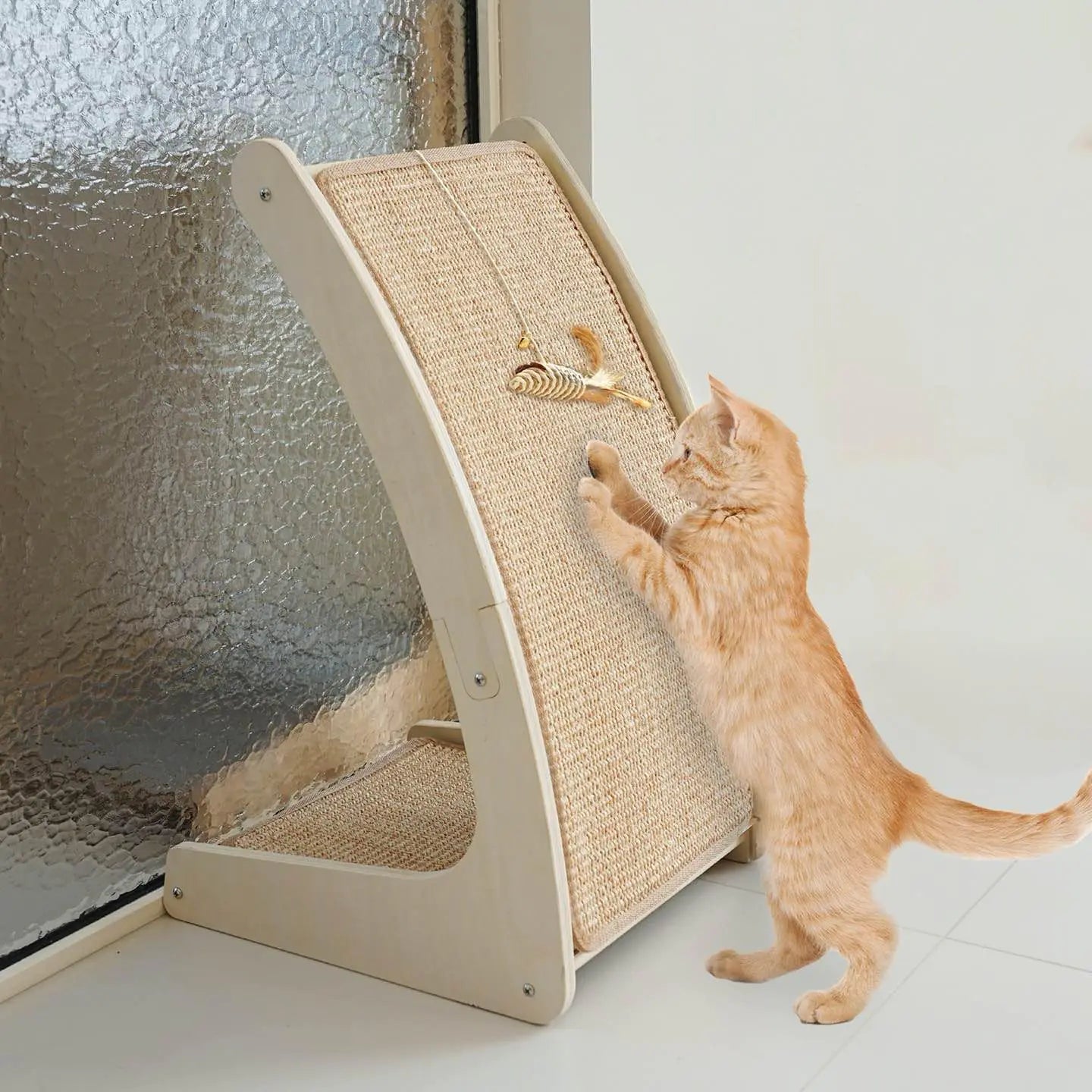 Cat Scratcher Curved Cat Scratching Board for Indoor Cats Protecting Furniture Cat Scratch Pad Floor Mounted Cat Scratching with Mouse Toy Catnip