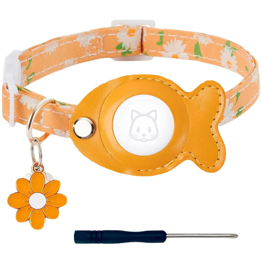 Cat Collar for Airtag Breakaway Cat GPS Tracker Collar Kitten Collar with Airtag Holder and Bells for Girl Boy Cats Cute Personalized Cat Collar with Fish Adjustable Length (Yellow)
