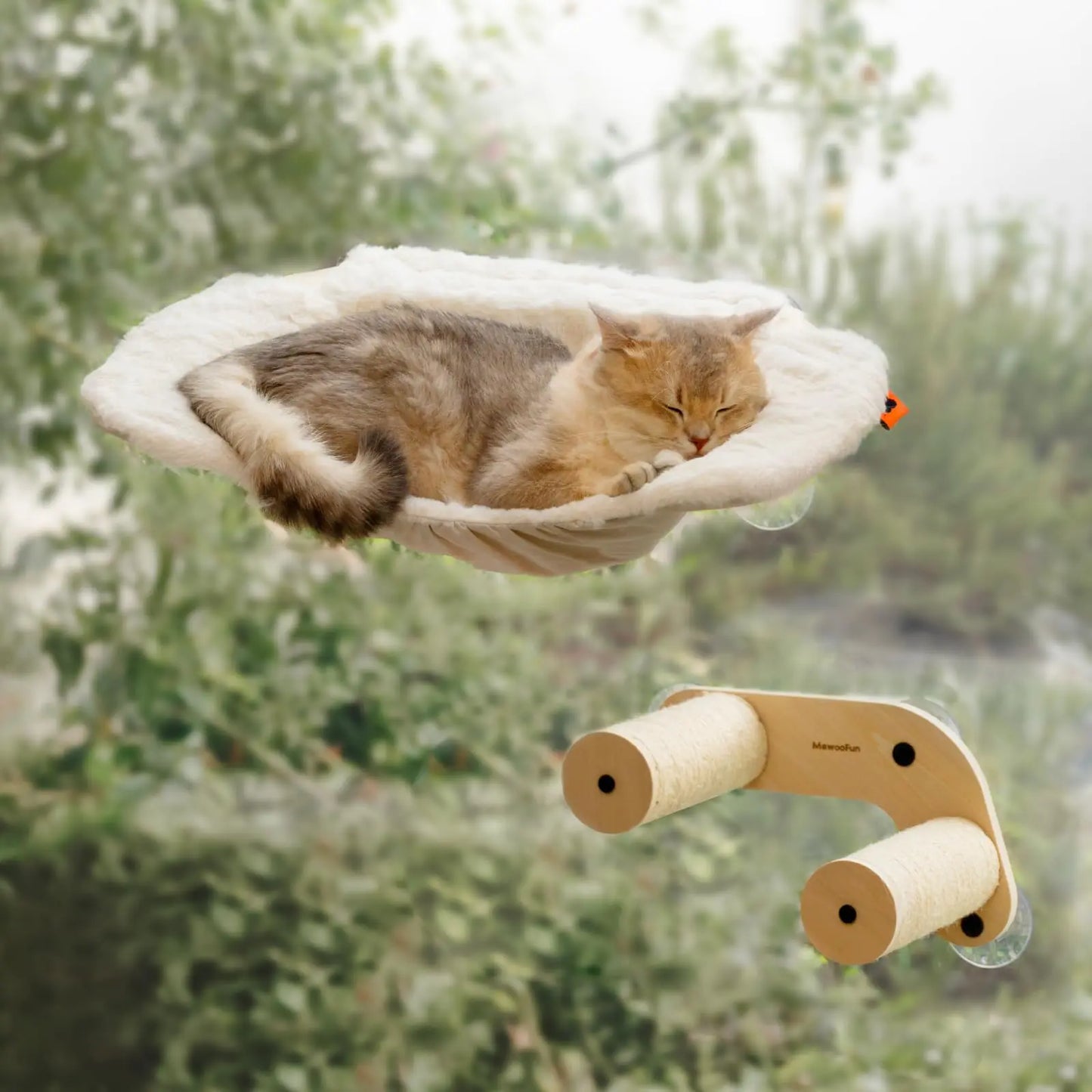 MEWOOFUN Cat Window Hammock Cat Window Perch with 2 Cat Stairs Cordless Cat Window Bed with 3 Strong Suction Cups 23‘’ Wide Wood Cat Hammock for Indoor Cats