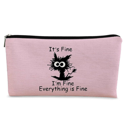 BARPERY Black Cat Makeup bagBlack Cat GiftsIts Fine Im Fine Everything is Fine Funny Cat Cosmetic Bag Pink Bag Zipper Travel Toiletry Bag Best Gift Idea for Cat Lovers Teen GirlsCat Owners Gifts