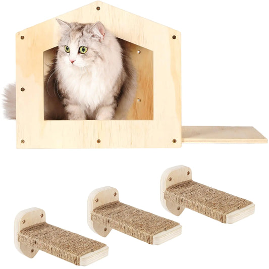 COOLEX Cat Wall Shelves Cat Shelves for Wall Cat House Wall Furniture Cat Condo Shelf with 3 Steps Scratching Post Cat Bed Hammock Wall Mounted Climbing Shelf Wall Mount for Indoor Cats (Wood)