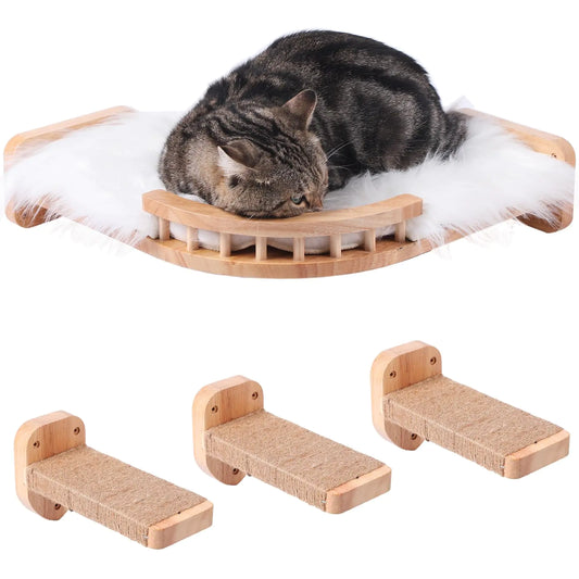 Coolex Cat Wall Shelves Corner Cat Shelf with 3 Cat Wall Steps Cat Shelves for Wall Large Cats Set Cat Wall Bed with Plush Covered Wall Mounted Cat Climbing Shelf for Indoor Cats (RubberWood)